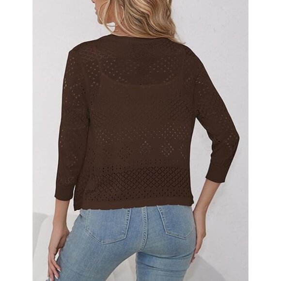 REDHOTYPE Women's XL Coffee 3/4 Sleeve Open Front Crop Shrugs Cardigan Sweater - Picture 4 of 14